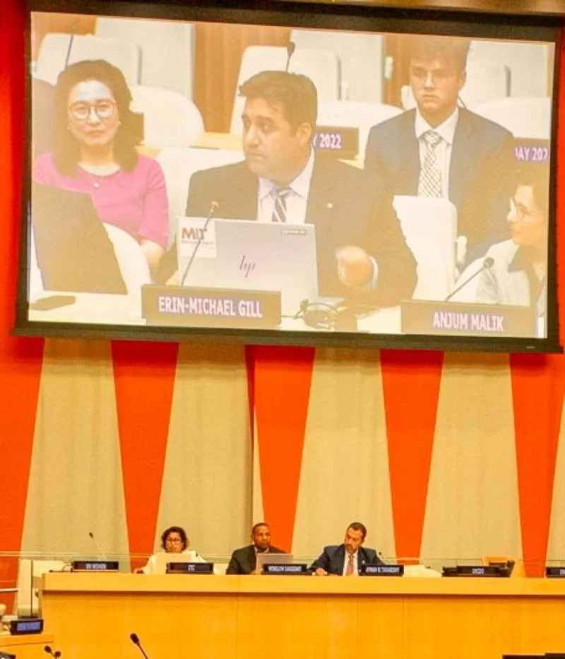 Erin-Michael Gill speaking at the United Nations, May 2022
