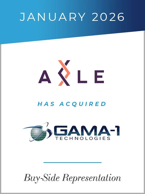 Transaction tombstone: Axle has acquired GAMA-1 Technologies. January 2026. Genaesis buy-side representation.