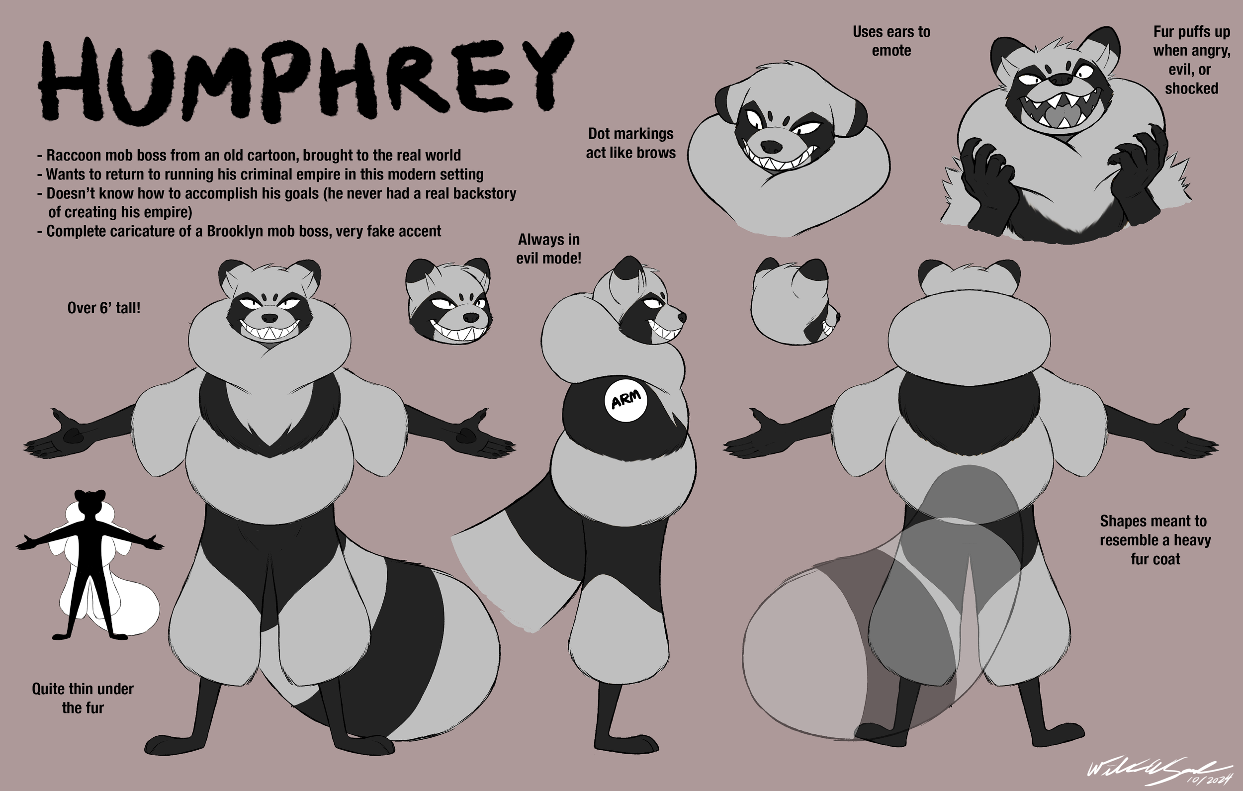 Character design sheet for Humphrey, a raccoon mob boss from an old cartoon entering the modern world.