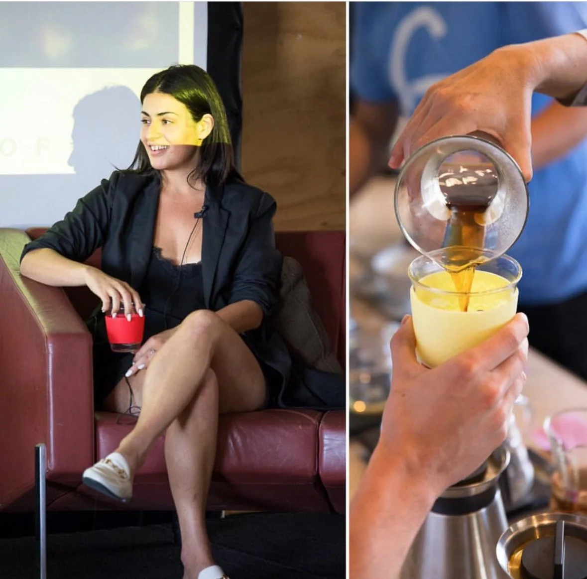 A woman sitting on a red sofa with a drink in her hand while a barista pours coffee into a glass with whipped cream.