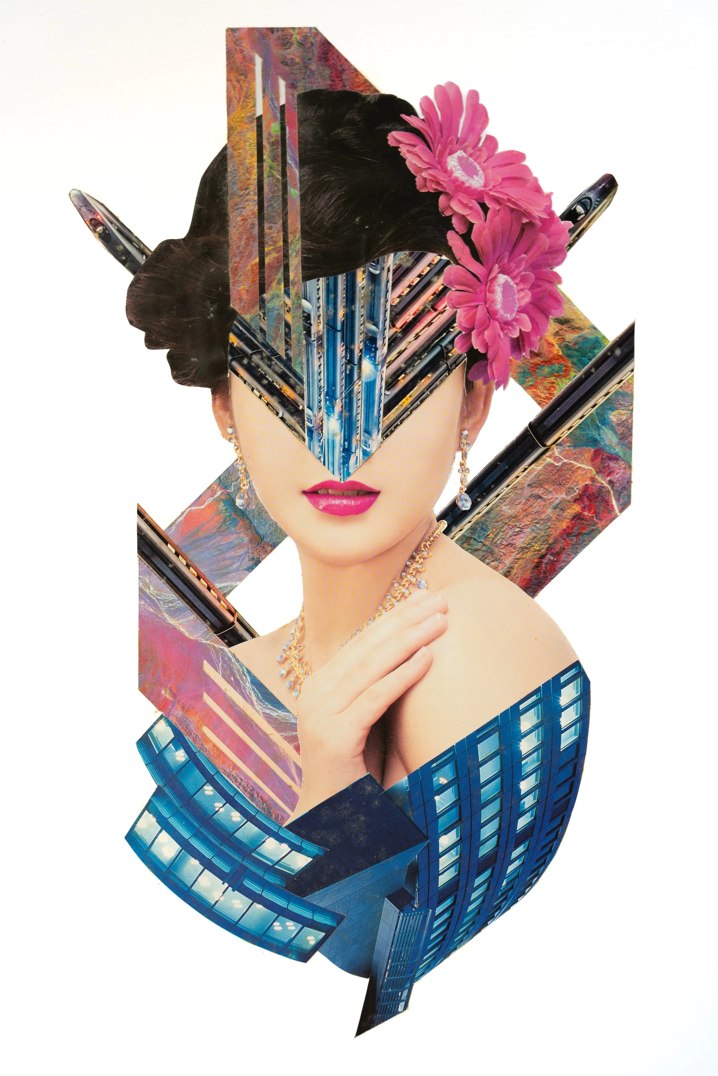 "Masquerade". Analogue collage.  2018.
Source material from magazines and books, glued to white board.