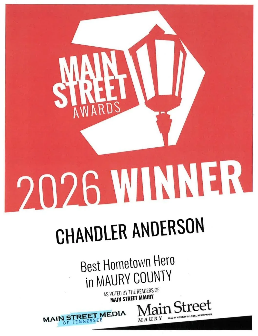 Certificate or award plaque recognizing Chandler Anderson as the 2026 Main Street Awards winner for Best Hometown Hero in Maury County, as voted by readers of Main Street Maury.