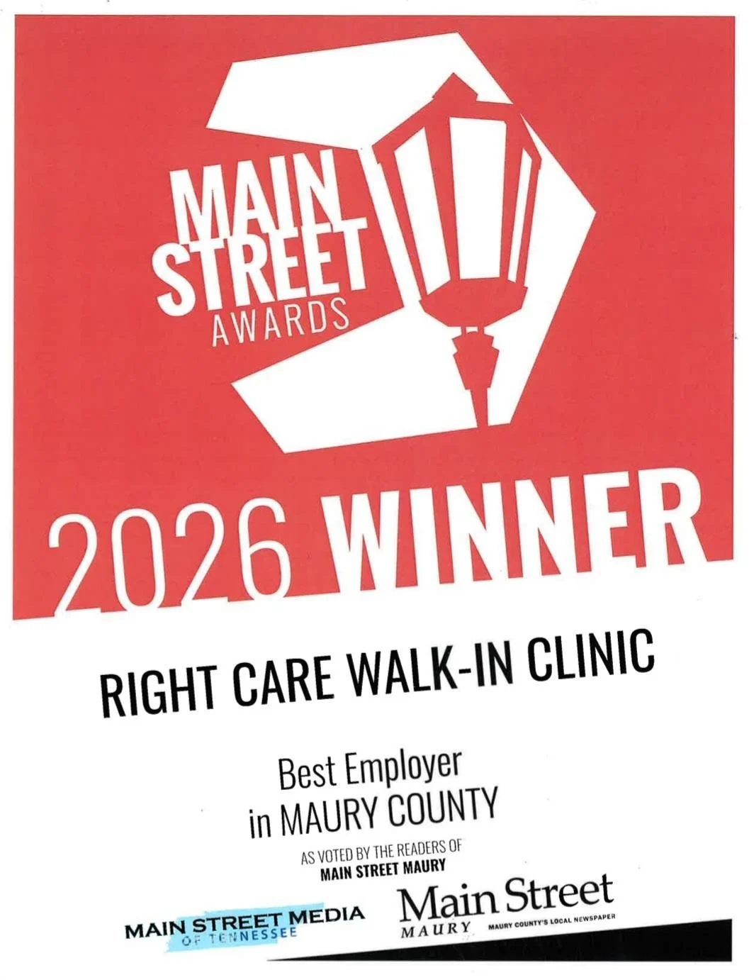 Award certificate with red and white design, recognizing Right Care Walk-In Clinic as the 2026 Main Street Awards winner for Best Employer in Maury County, featuring a streetlamp graphic and logos for Main Street Maury and Main Street Media of Tennessee.