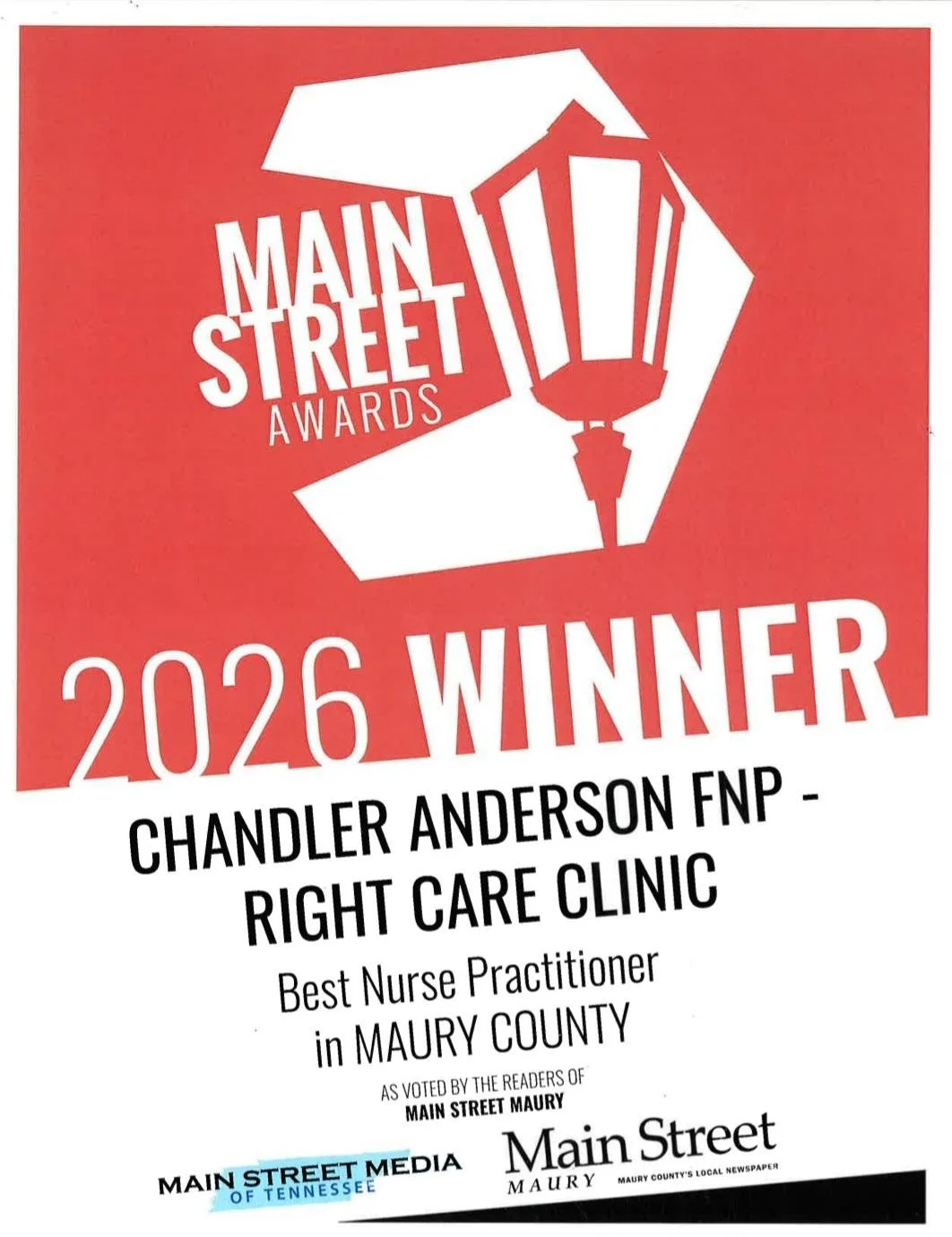Award certificate with a red background recognizing Chandler Anderson FNP as the 2026 Main Street Awards winner for Best Nurse Practitioner in Maury County, with logos of Main Street Media of Tennessee and Main Street Maury.