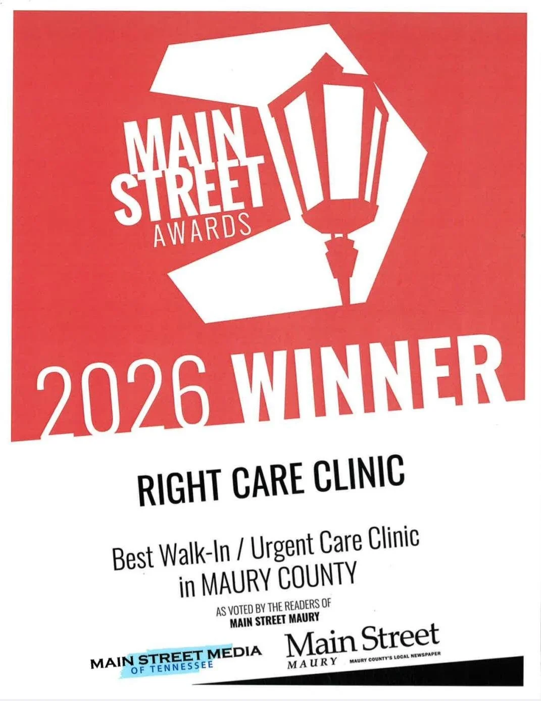 A certificate of award for the 2026 Main Street Awards, recognizing the Right Care Clinic as the best walk-in and urgent care clinic in Maury County, signed by Main Street media and Maury County's local newspaper.