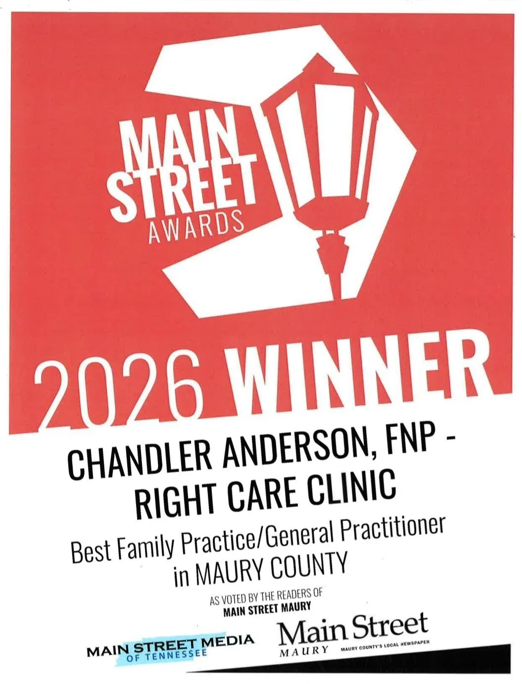 Award certificate for Chandler Anderson, FNP, at the 2026 Main Street Awards, recognizing as the best family practice/general practitioner in Maury County, presented by Main Street Maury and Main Street Media of Tennessee.
