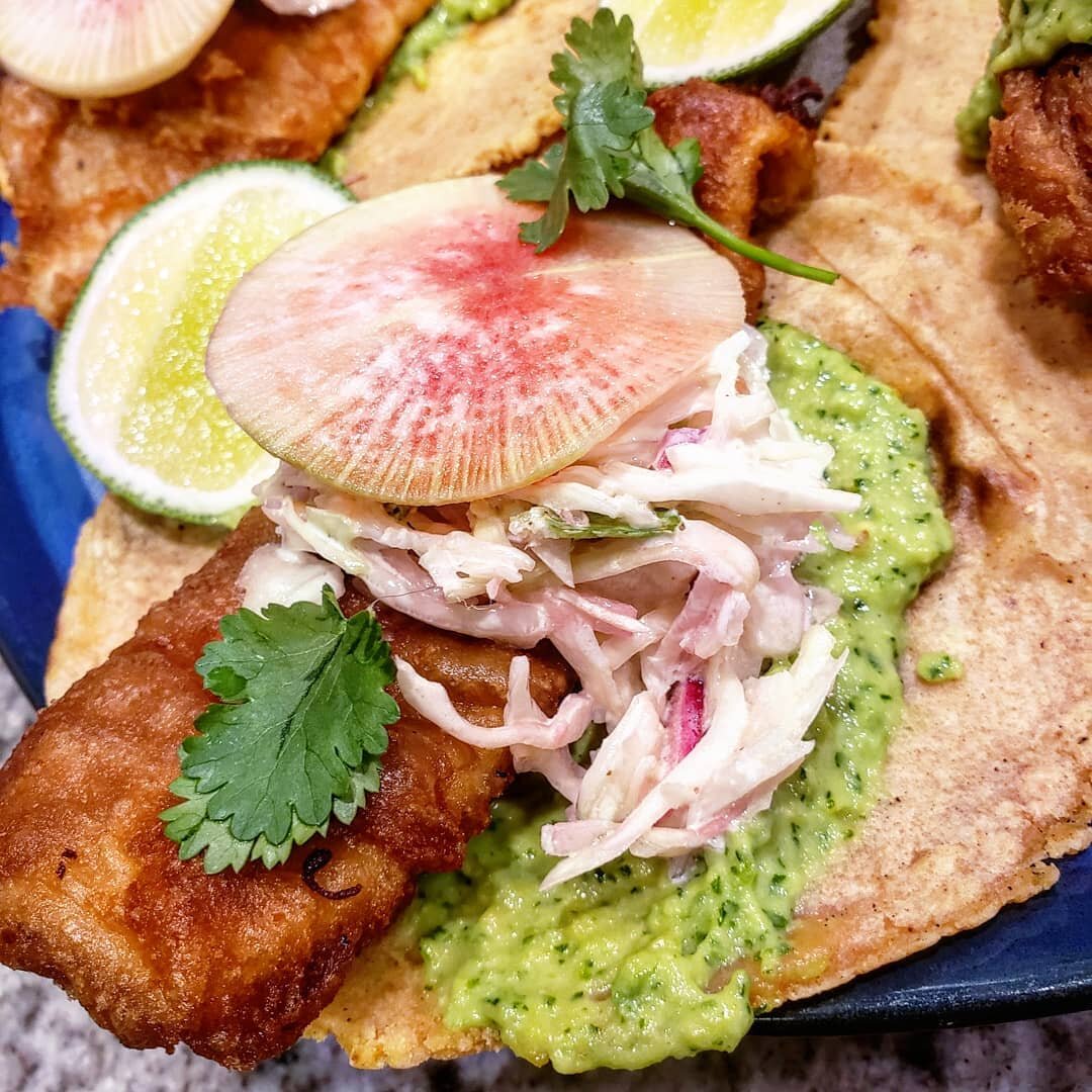 Happy Cinco De Mayo!!! 🇲🇽🌮

Beer Battered Fish Tacos w/ creamy slaw, avocado, jalapeno, &amp; herb sauce, and pickled watermelon radish. No store-bought tortillas over here! Always freshly handmade. 

#cincodemayo #bajafishtacos #tacos #mexican #t