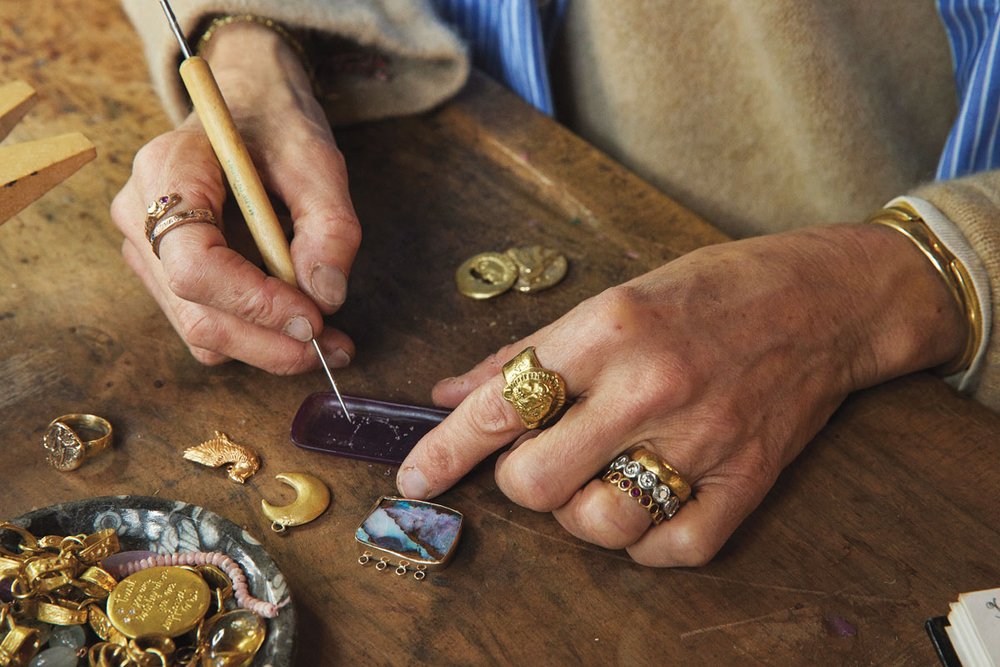  MaHarry shapes reclaimed metals, diamonds, and gemstones into jewelry with hand-inscribed messages. 