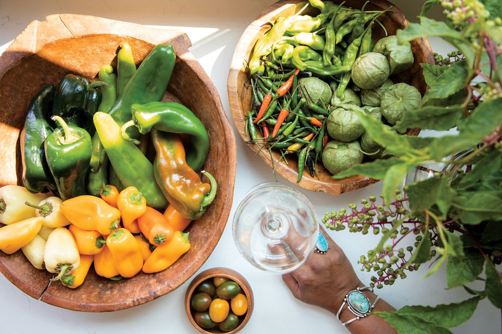 Peppers and tomatillos are among the colorful, flavorful ingredients that highlight Rideau’s favorite dishes. 