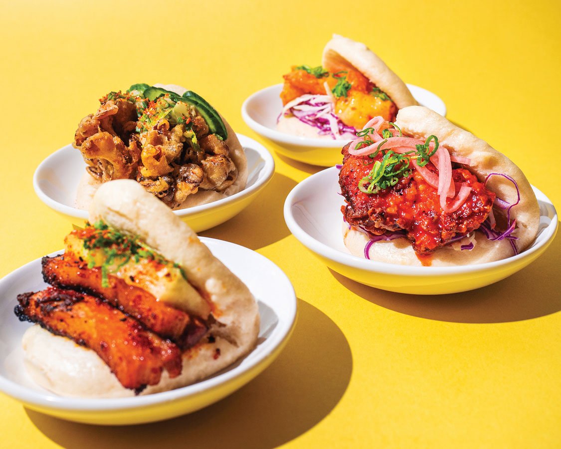  Pork belly bao with hoisin glaze and the Korean fried chicken (KFC) bao. 