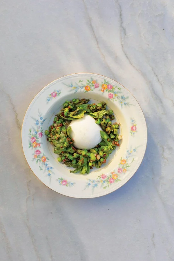  Burrata with charred asparagus and sorrel 