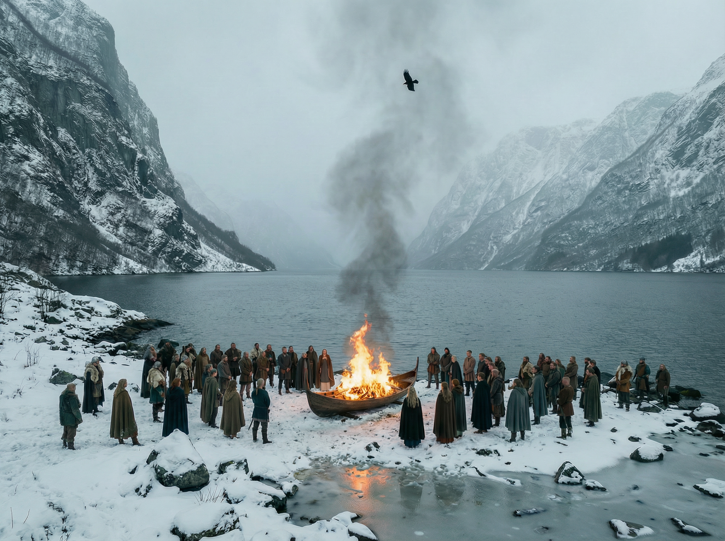 A group of people dressed in medieval clothing standing around a burning boat on a snow-covered shore in a mountainous landscape with a large body of water and snow-covered peaks in the background, with a bird flying overhead.