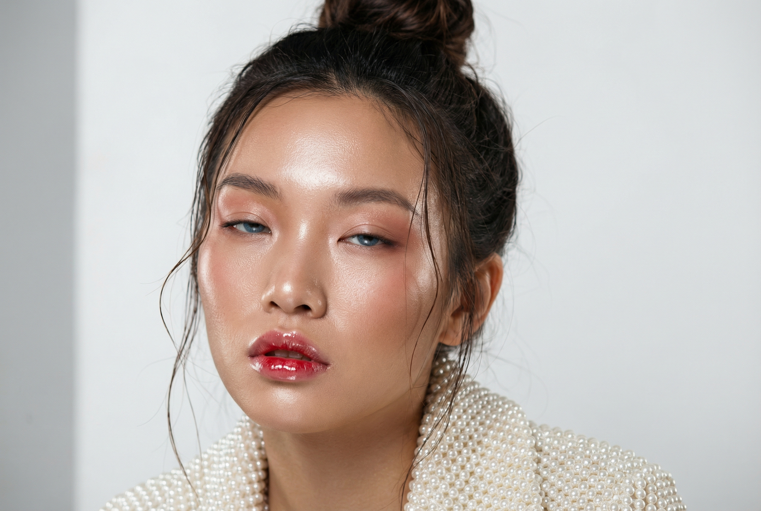 Close-up of a woman with makeup, wearing a pearl-embellished top and pearl earrings, with her hair styled in an updo, against a plain background.