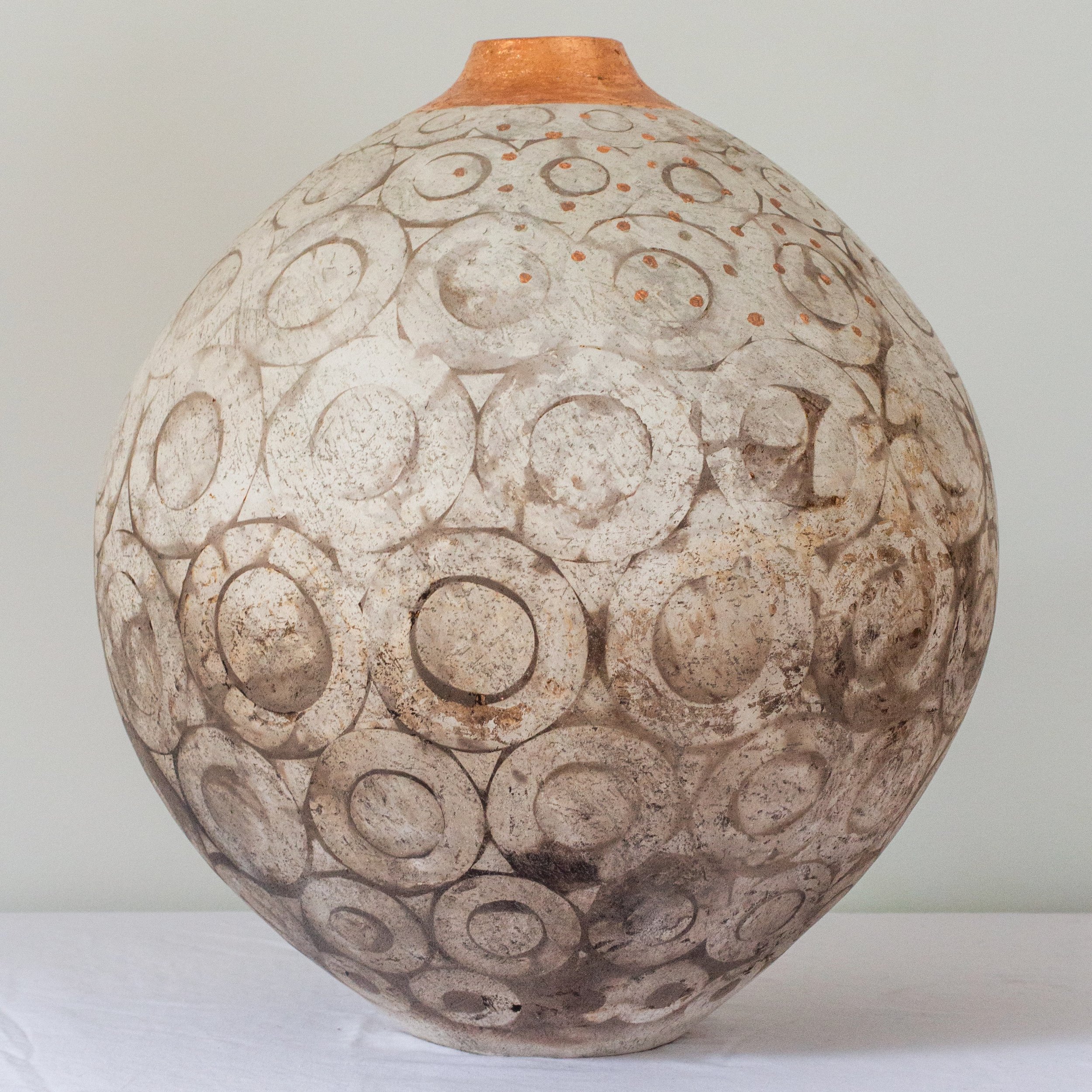 'Trust' H44cm x W42cm 2024
Hand coiled and smoke fired with copper leaf

Image by Tristan Buckland
