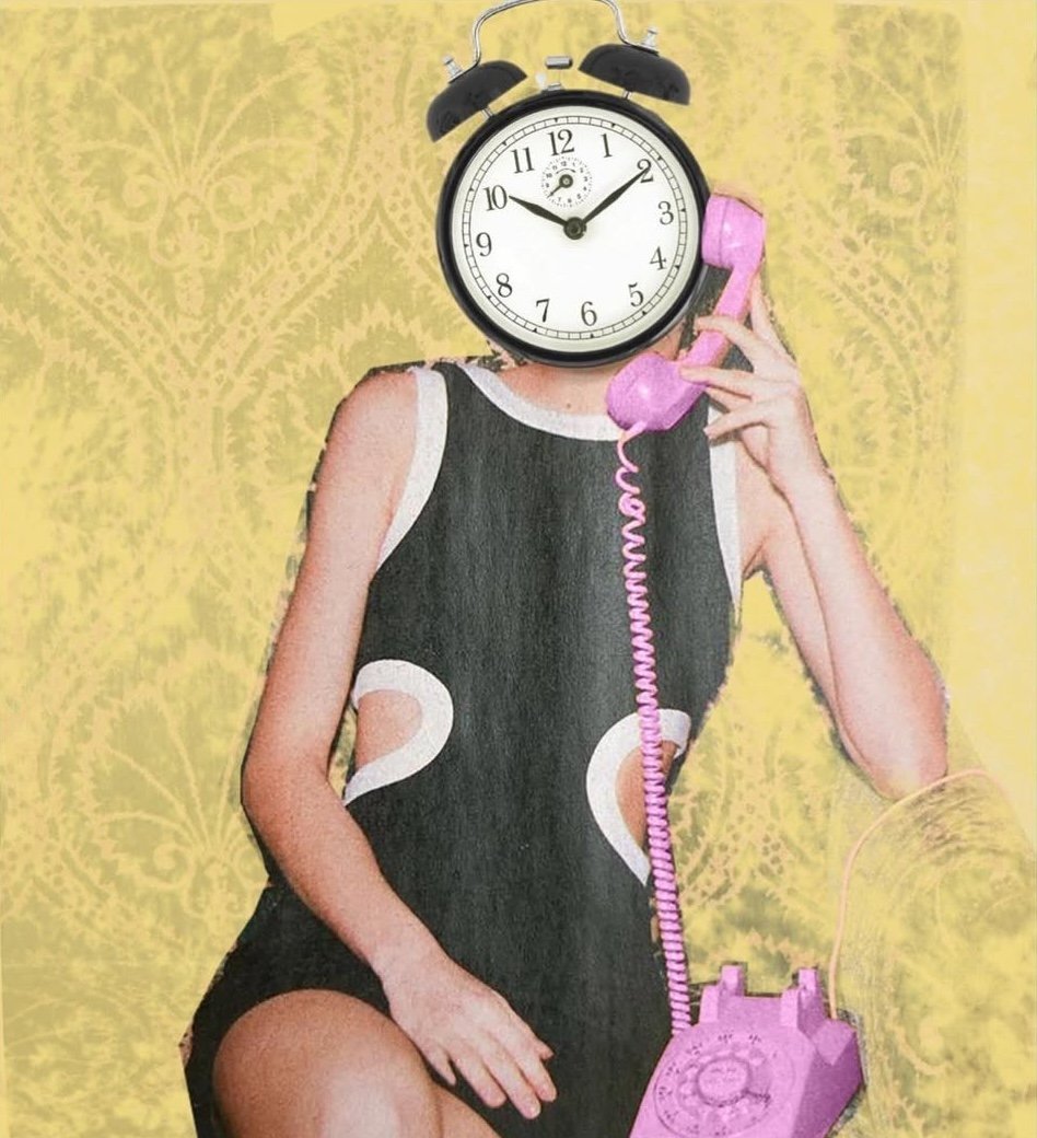 A person wearing a black dress with white edges is holding a pink rotary phone to their ear. The person's head is replaced with a black alarm clock showing the time 10:09. The background is a yellow patterned wallpaper.