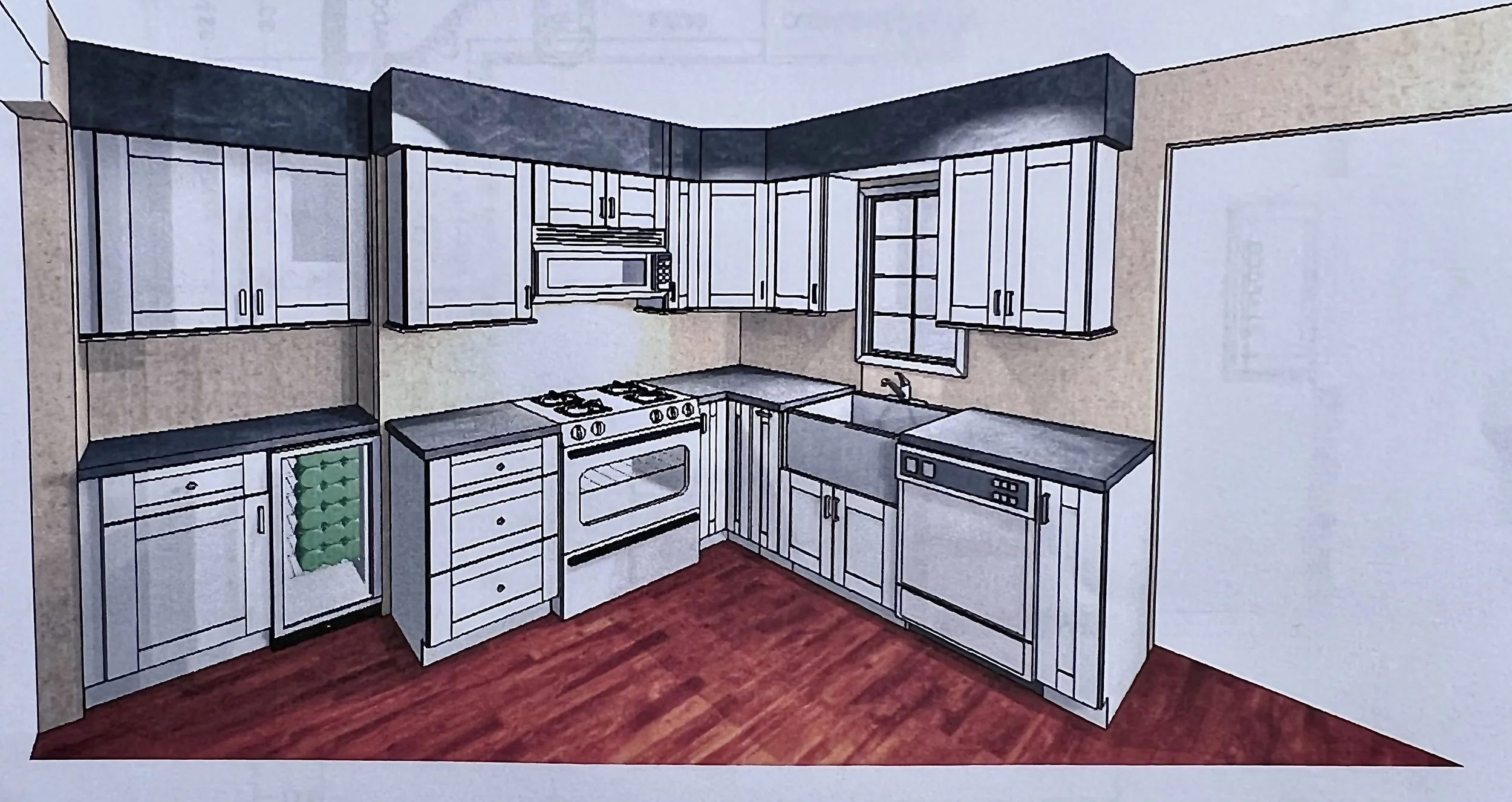 Sketch of a kitchen with upper and lower cabinets, a stove, microwave, sink, dishwasher, and a small wine refrigerator on a red wood floor.