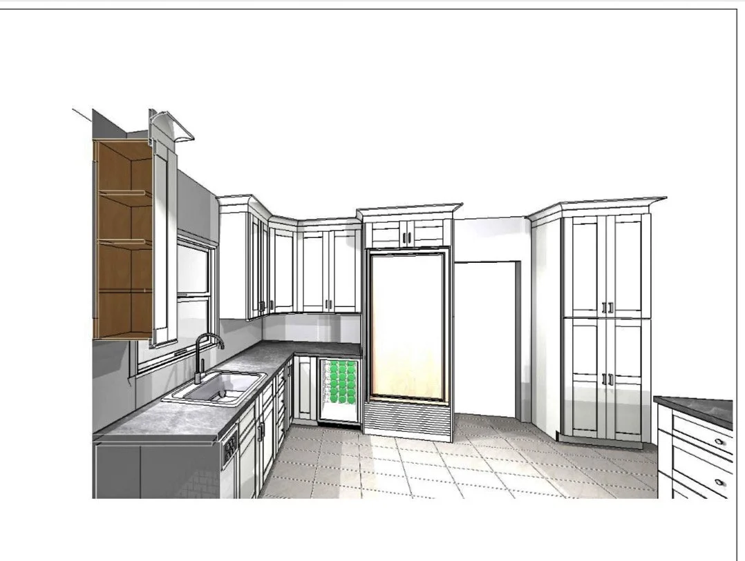 Digital illustration of a kitchen with white cabinets, gray countertops, a dishwasher, a stove, and a refrigerator, with tile flooring.