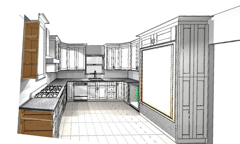 Digital sketch of a kitchen with upper and lower cabinets, a stove, a sink, and a large window or appliance on the right side.