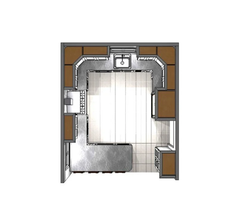 Top-down view of a kitchen layout with appliances, cabinets, a sink, and a central island.