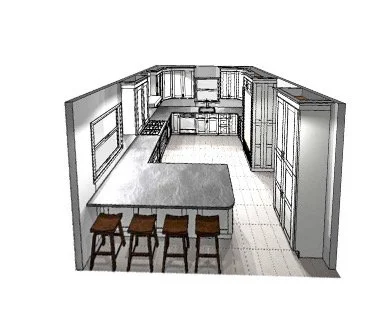 Kitchen with an L-shaped counter, multiple cabinets, a stove, and a window, with four bar stools at the counter