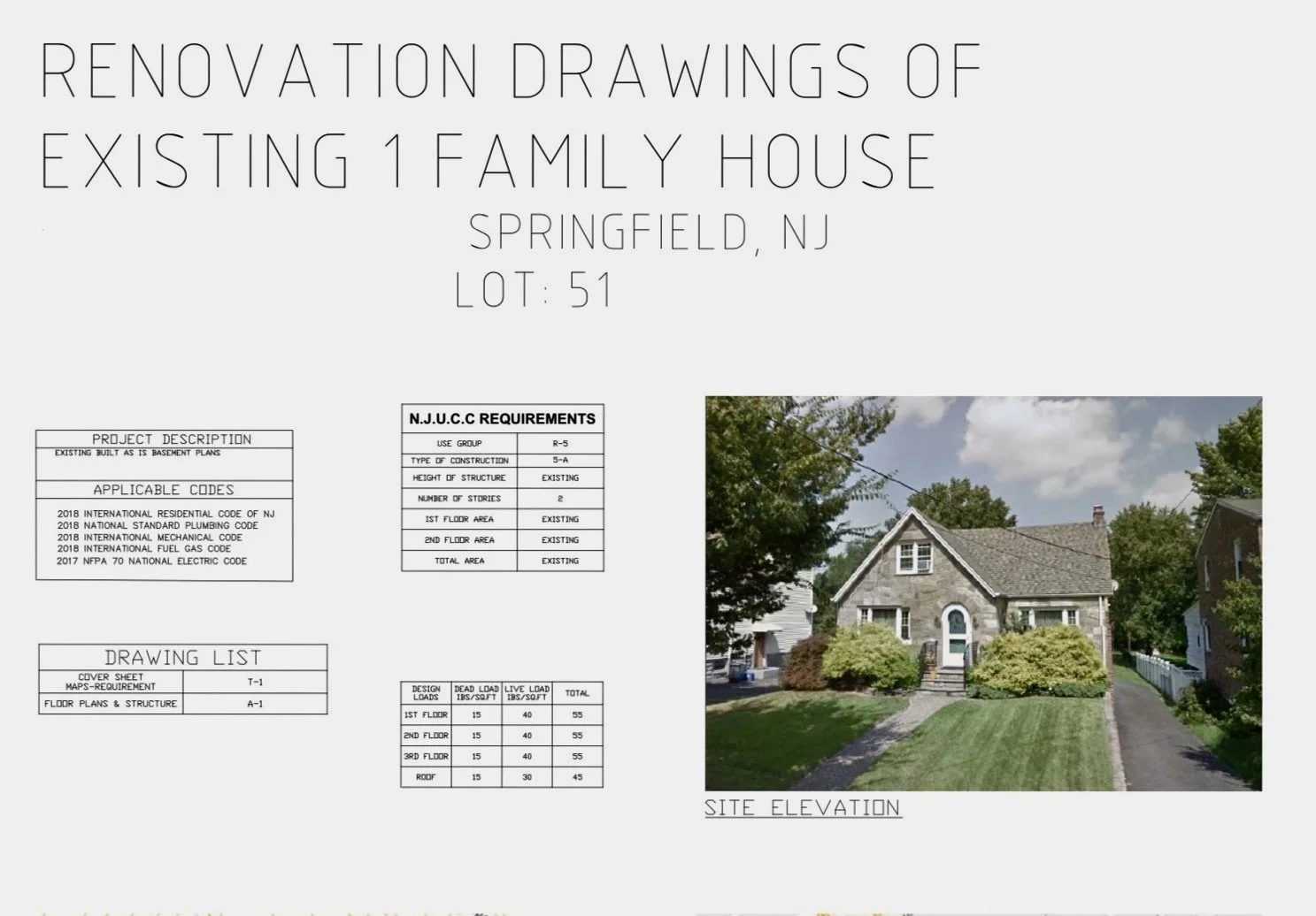 Blueprint for renovation of a family house in Springfield, New Jersey, Lot 51 with project details, code requirements, drawing list, and an elevation photo of the house with landscaping.