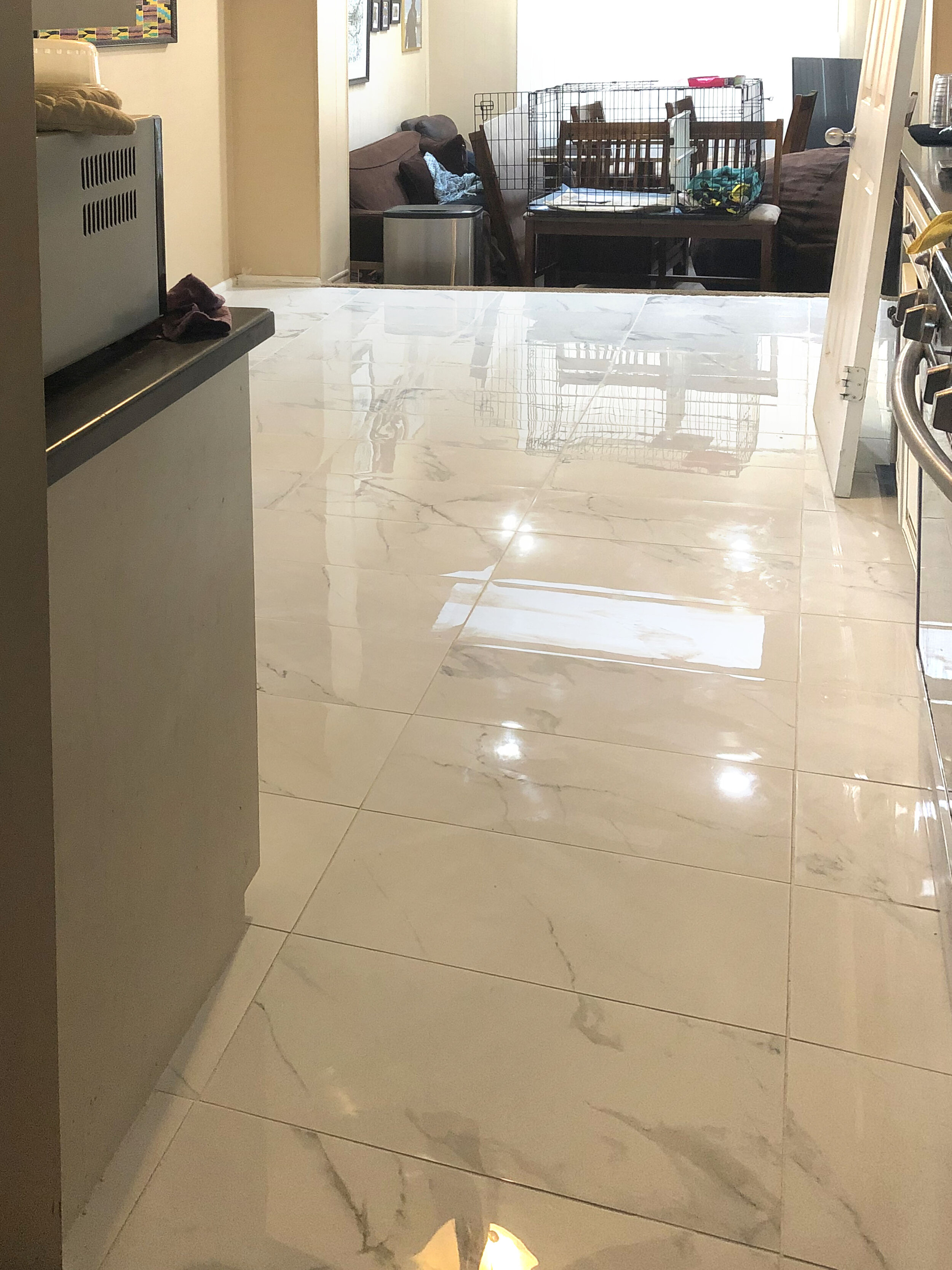 Shiny marble kitchen floor leading to living room with chairs, a dog crate, and furniture in the background.