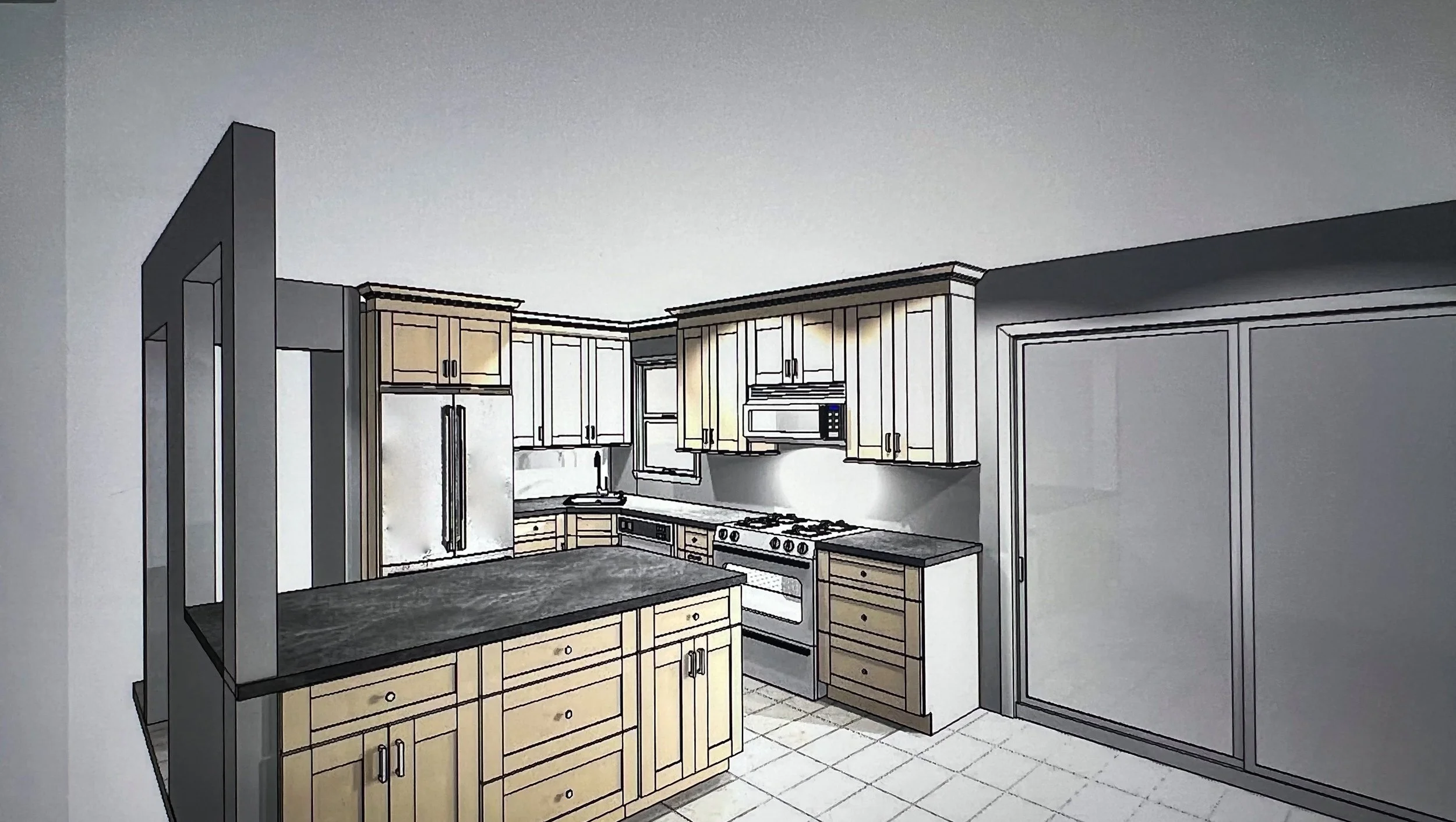 A modern kitchen with light-colored cabinets, a black countertop island, stainless steel appliances including a refrigerator, oven, microwave, and stovetop, and tiled flooring.