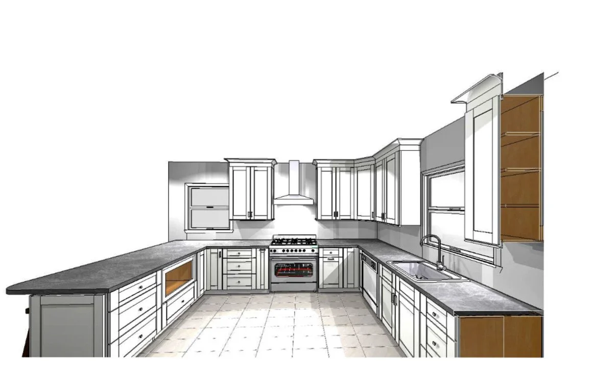 Kitchen with white cabinets, black countertops, a stove, and an open shelf cabinet on the right.