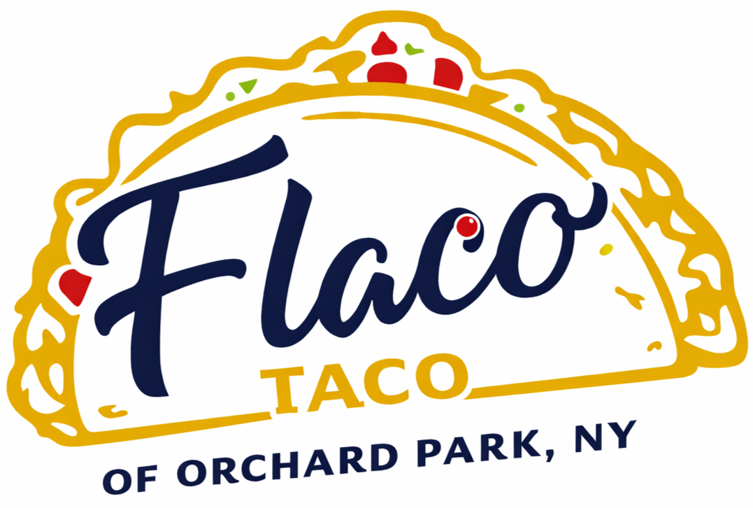 Logo for Flaco Taco, a taco restaurant located in Orchard Park, NY, with a stylized taco illustration and text.
