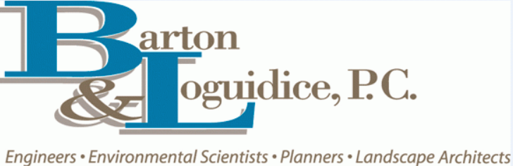 Logo for Barton & Loguidice, P.C. featuring large blue letters B and T, with smaller text listing engineering, environmental sciences, planning, and landscape architecture services.