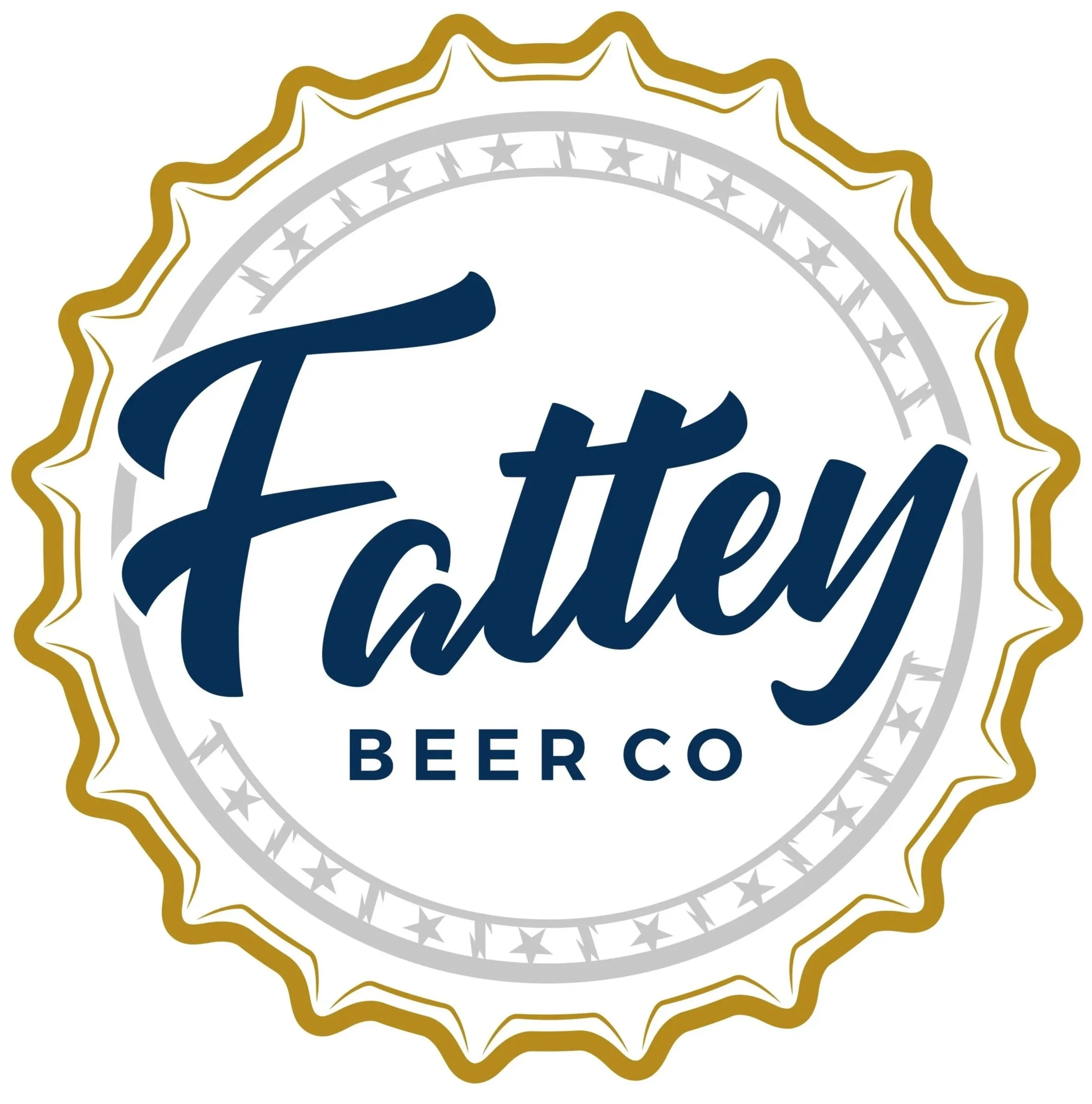 Logo of Fatty Beer Co featuring a circular badge with a gold scalloped edge, gray stars, and the name 'Fatty Beer Co' in navy blue lettering.