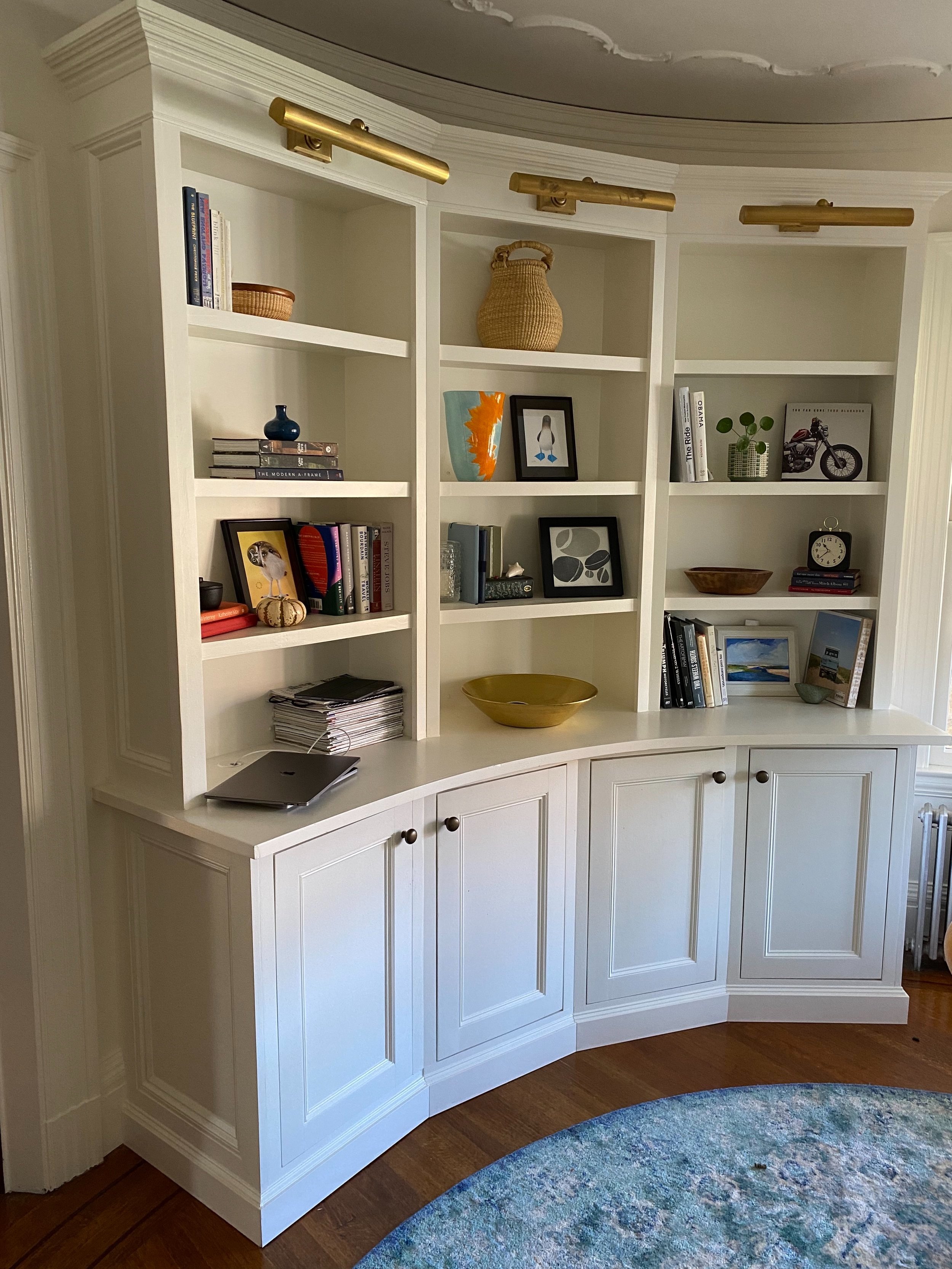 A portion of the custom cabinets and shelving I created for a curved Victorian room.