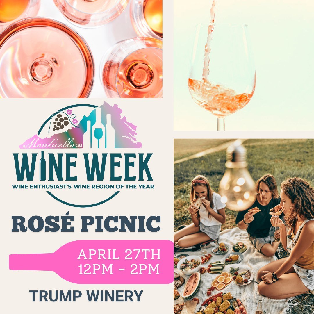 Join us for the @monticellowinetrail Ros&eacute; Picnic on April 27th at Trump Winery!

Unwind, sip, and toast to the good things in life. Grab your tickets and bring your friends to the Ros&eacute; Picnic for a celebration of wine, scenery, and grea