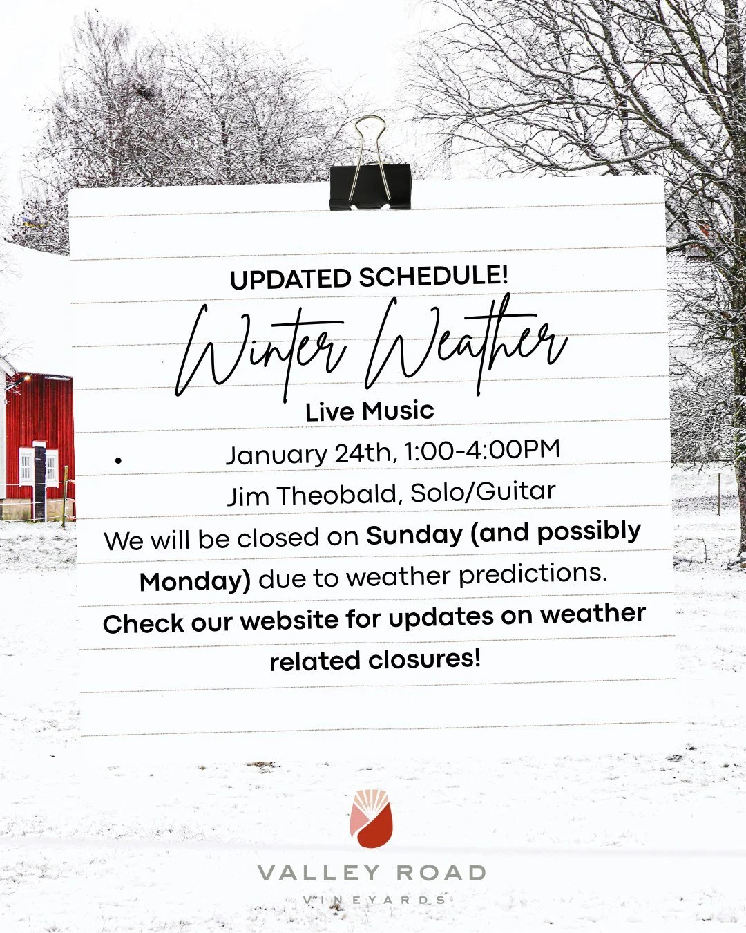 Our live music on Saturday has moved up to 1-4:00PM in anticipation of the upcoming winter weather. Stay safe and enjoy the snow! ⛄❄

Check for updates: valleyroadwines.com

#vawine #nelson151 #monticellowinetrail