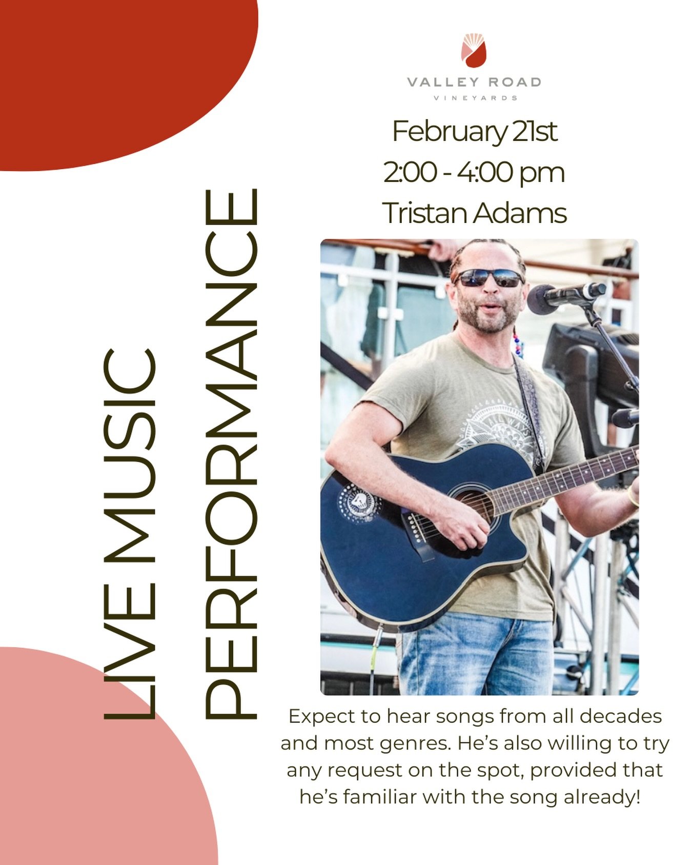 We have live music tomorrow! 🎶 Come listen to Tristan Adams play from 2-4:00PM in our Tasting Room and enjoy a glass of wine.

Tristan&rsquo;s bio:
Tristan Adams is relatively new to the live music scene. Just three short years ago someone told him 