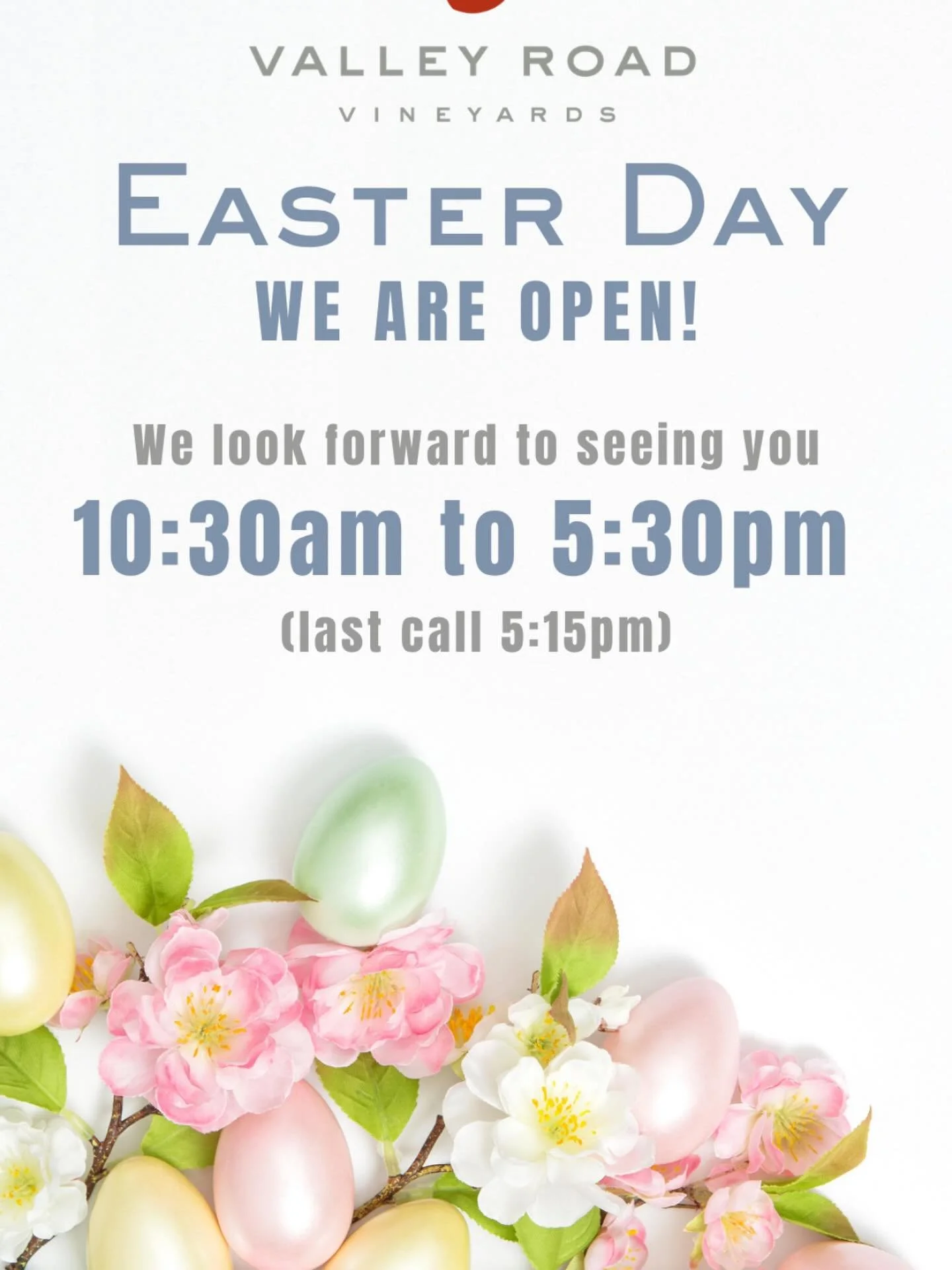 Who&rsquo;s open on Easter? Valley Road Vineyards is!

Toast the beginning of spring with our sparkling Blanc de Blancs or Amaryllis Sparkling Ros&eacute;. Or test drive our just-released 2025 Sauvignon Blanc or 2023 Destana. 

You are welcome to bri