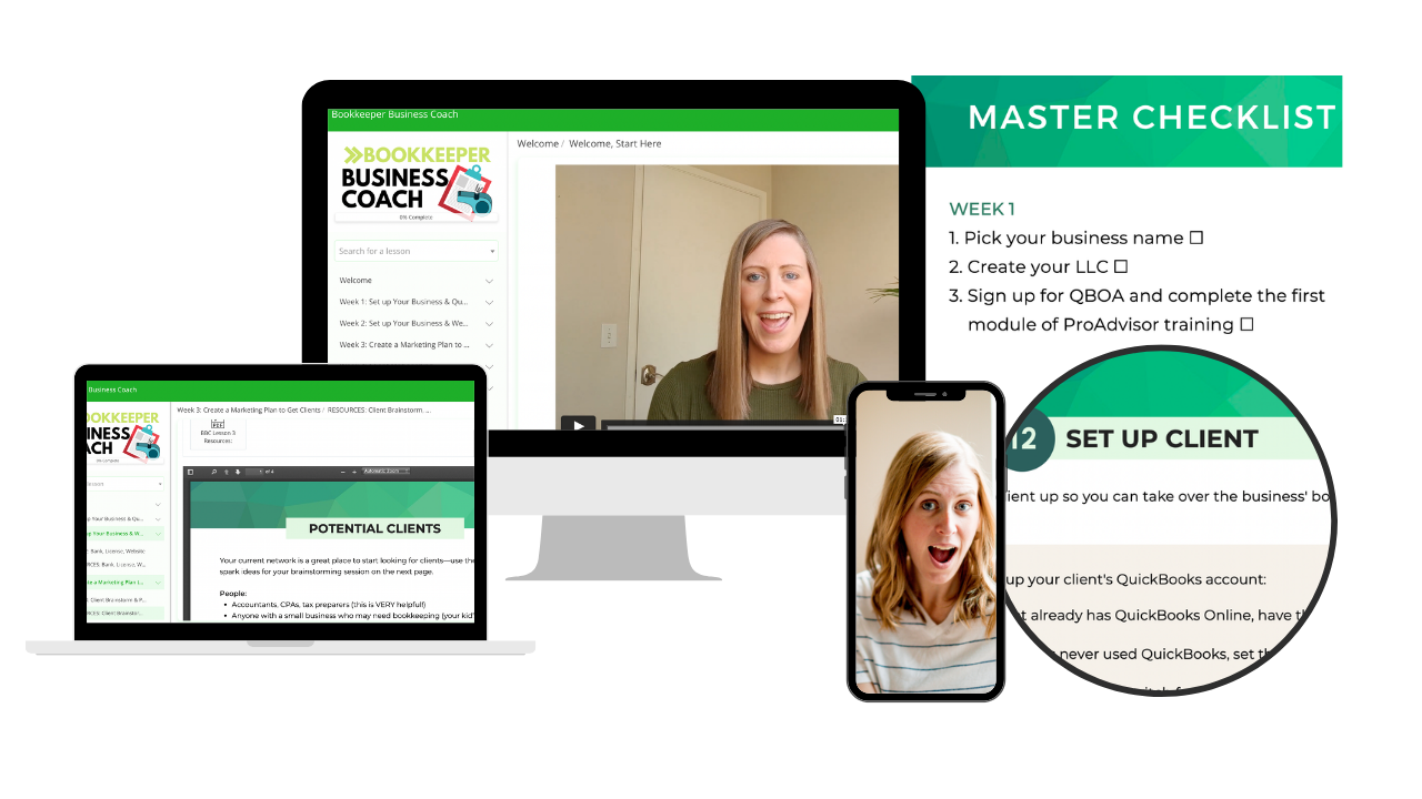 mock up graphic of the inside of the course platform Morgan uses for Bookkeeper Business Coach