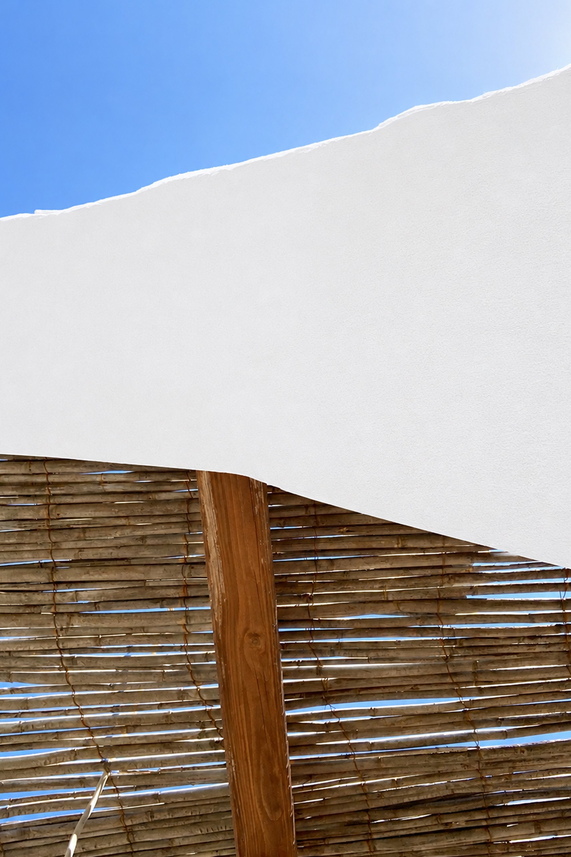 Dettaglio della veranda di un dammuso ristrutturato a Pantelleria con muro curvo intonacato bianco, incannucciato e luce mediterranea filtrata.