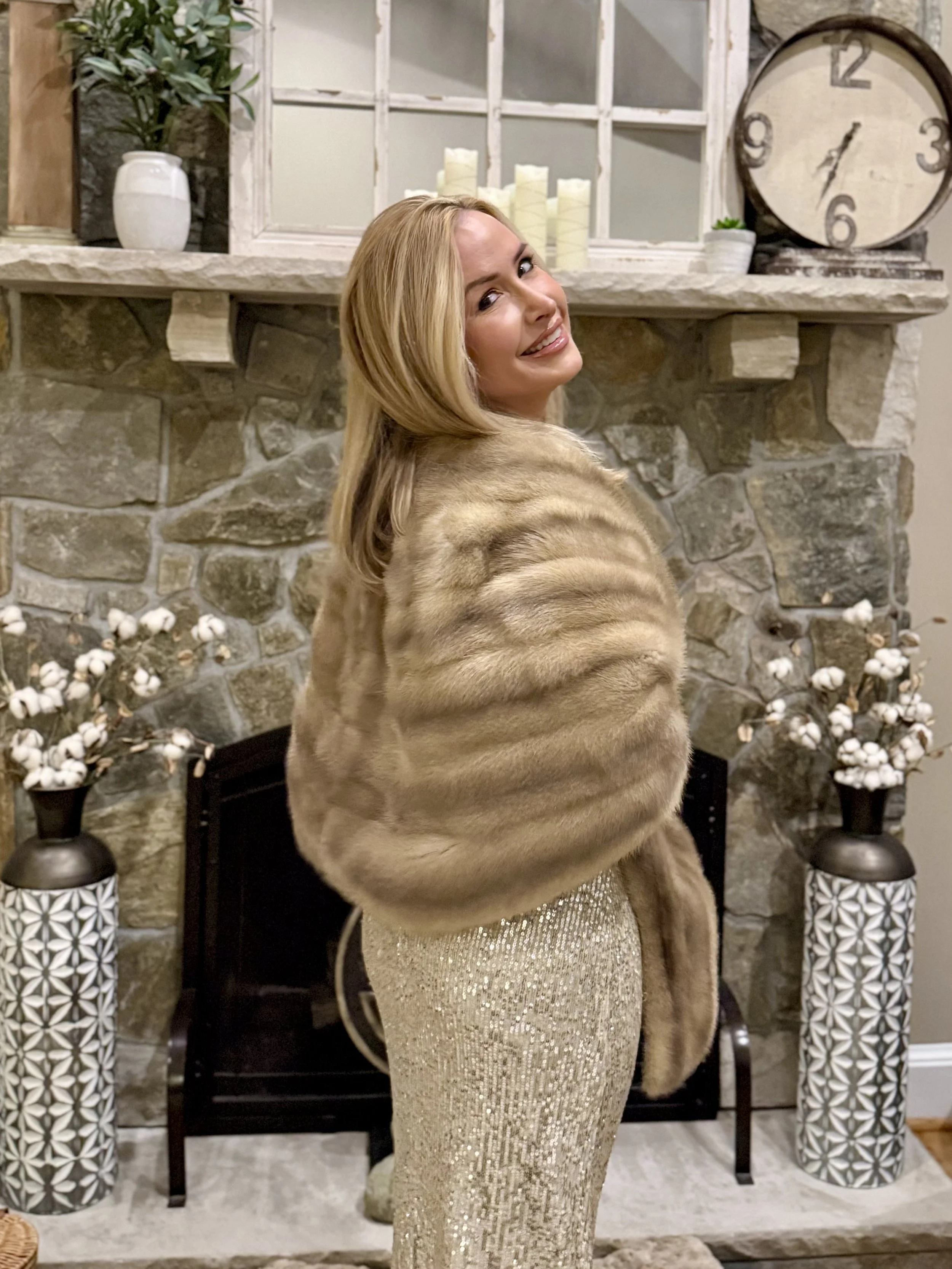 Client attending holiday party in fur shawl and sequence gown. Trendy and stunning!