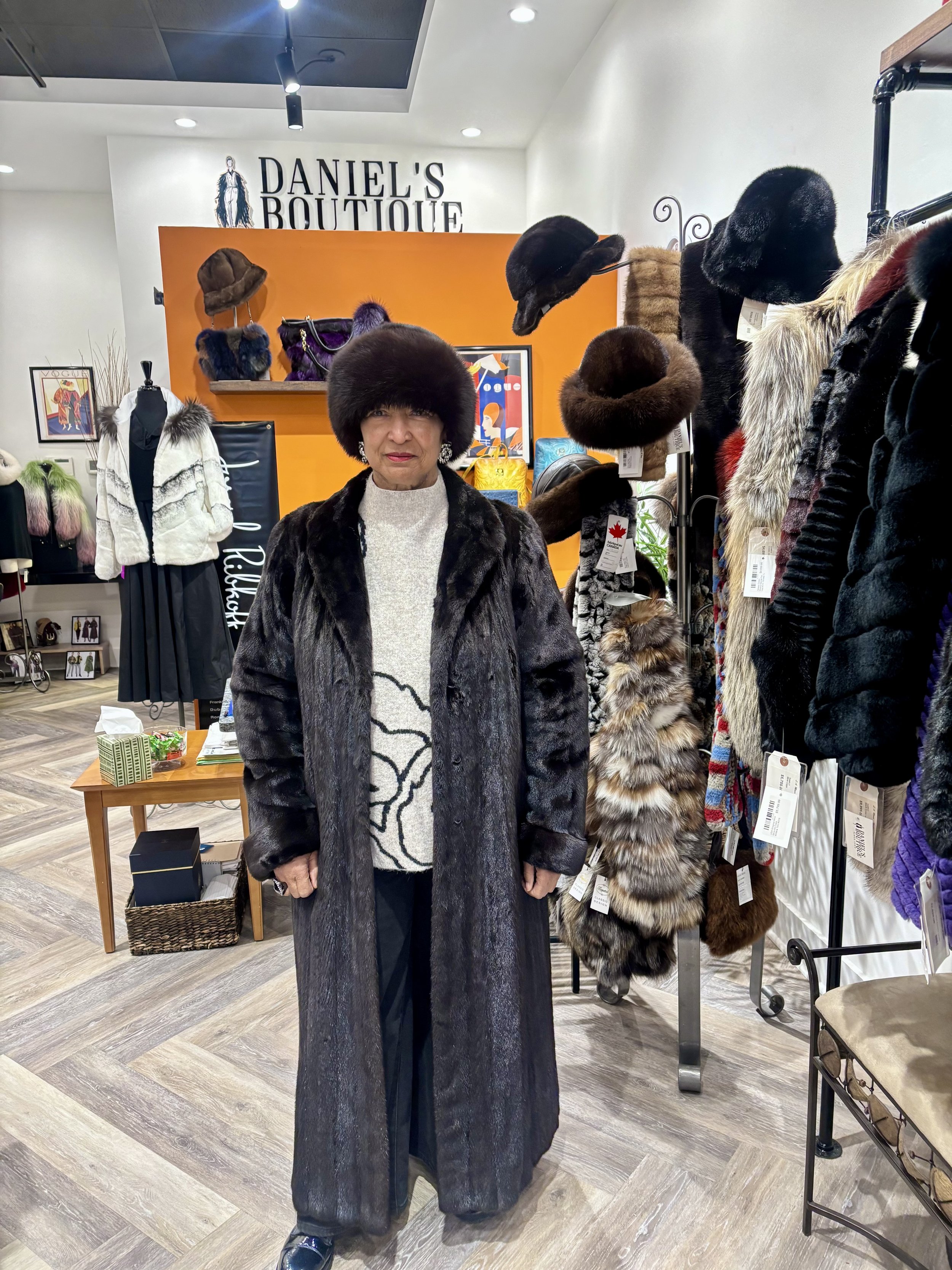 Woman posing in Mink Coat and Mink Hat