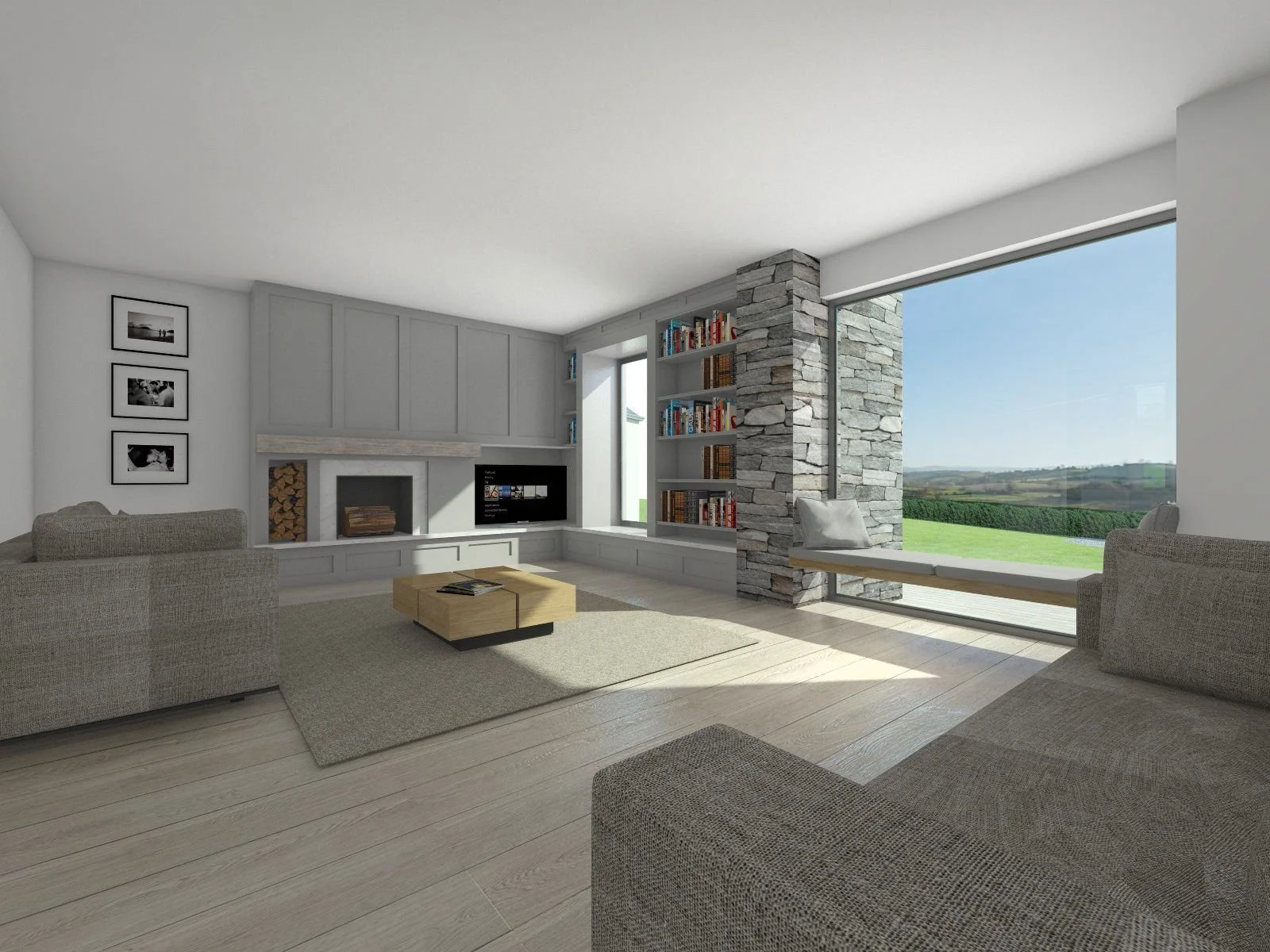 Modern living room with stone feature wall by boutique architects McNulty Smyth Associates