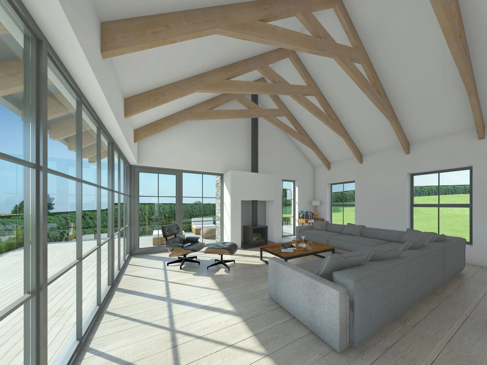 Classic timeless modern house designed by McNulty Smyth Associates architects with trusses and stove and floor to ceiling windows