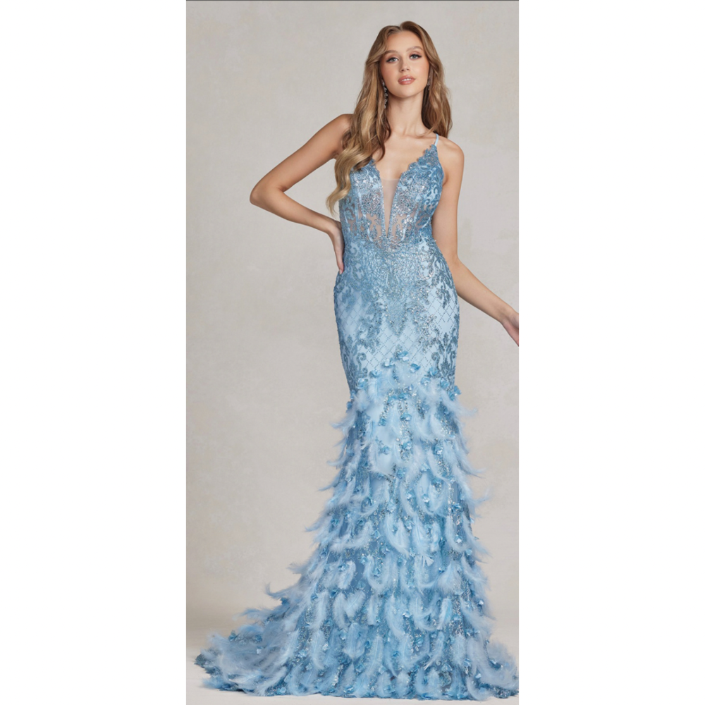 C1111 Nox Long Formal Feather Prom Dress