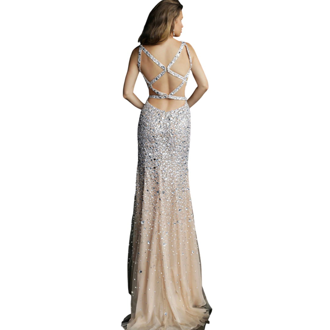 Jovani 59846 Halter V Neck Beaded High Slit Sleeveless Dress La Jolie MLN