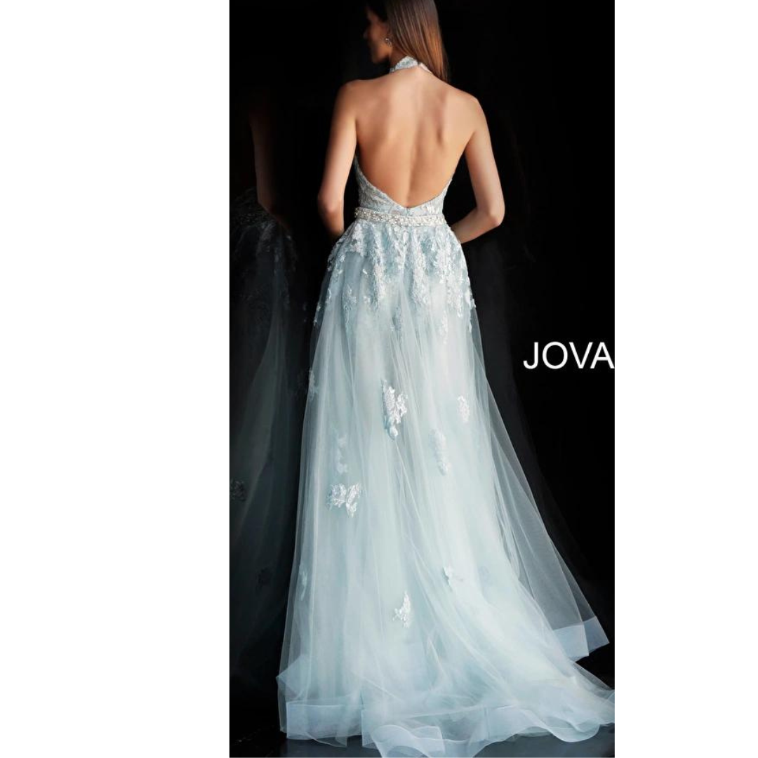 Jovani - 60124 Embellished Lace Halter V-neck Jumpsuit With
