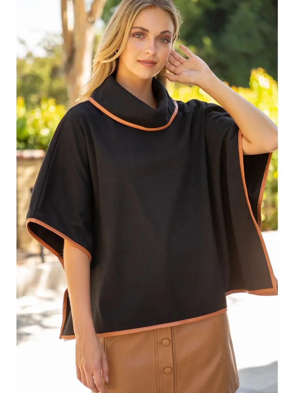 Leather Binding Detailed Poncho Top — La Jolie MLN
