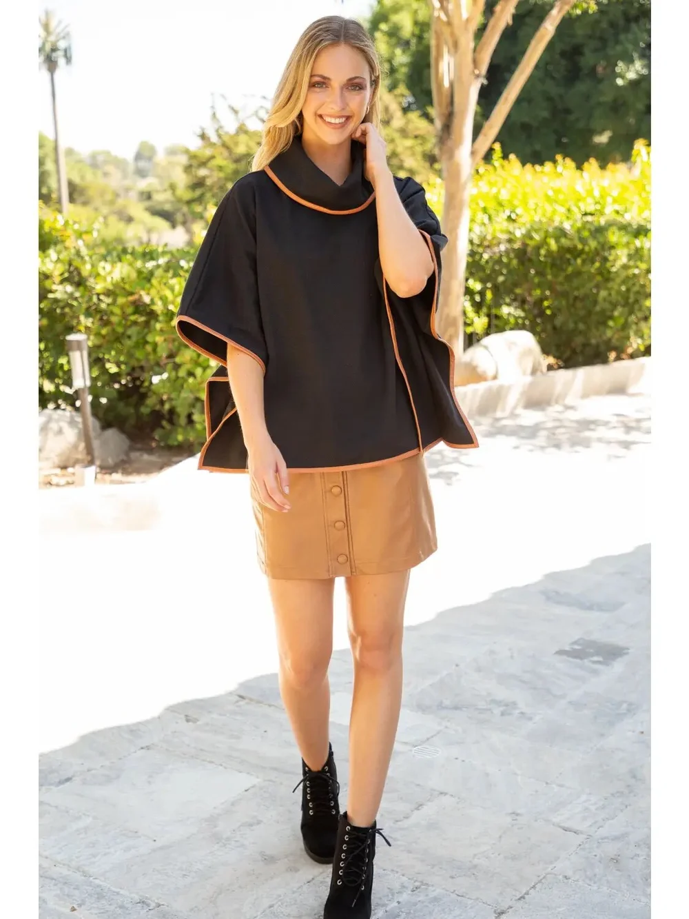 Leather Binding Detailed Poncho Top — La Jolie MLN