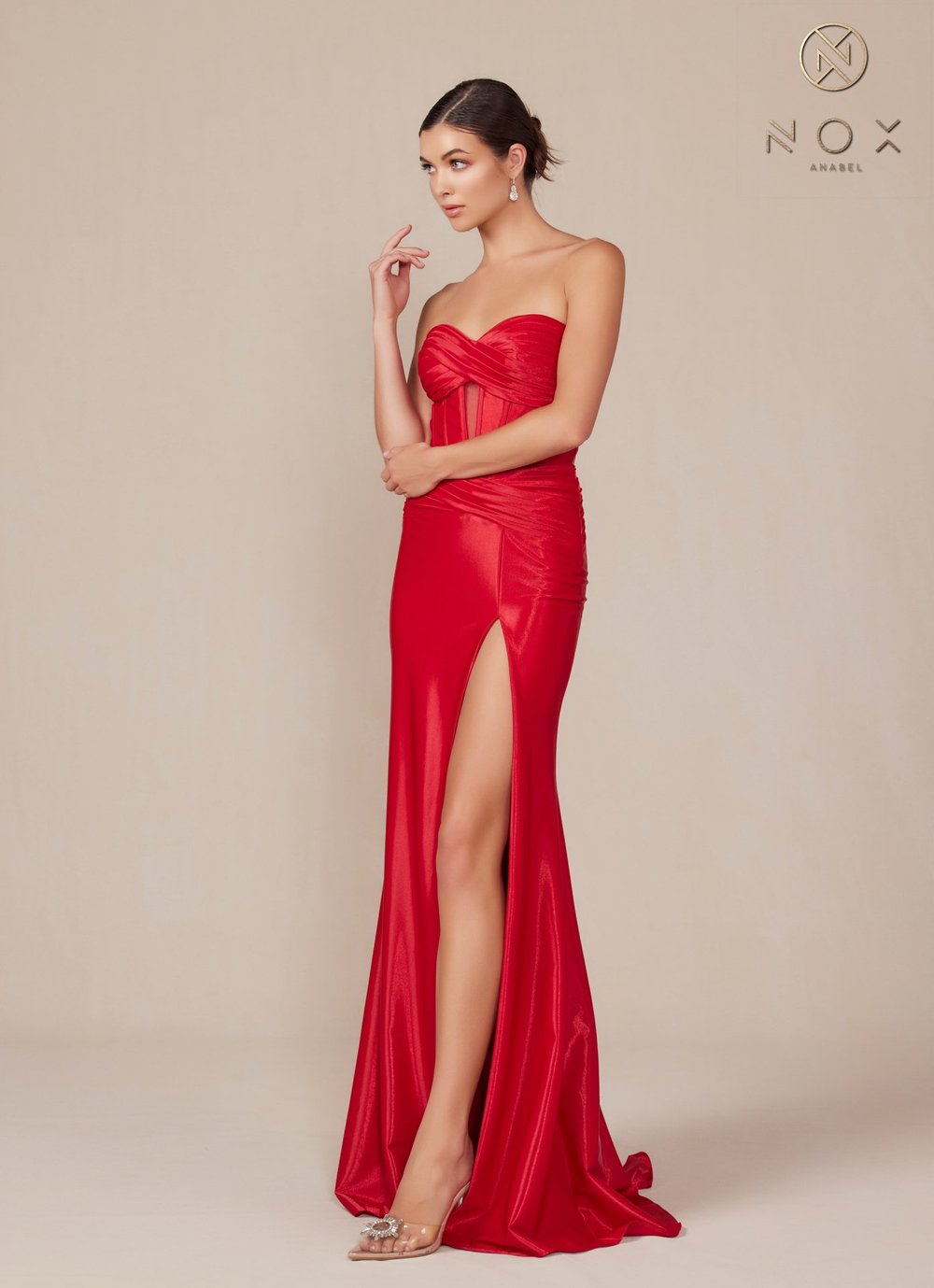 Nox T1489 Satin Fitted Strapless Slit Dress Red La Jolie MLN Nox T1489 Satin Fitted Strapless Slit Dress Red La Jolie MLN