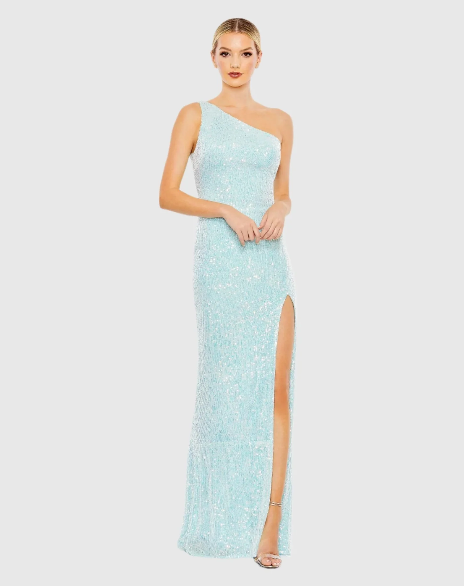 Blue Sequined One Shoulder Draped Back Gown - Mac Duggal US 2