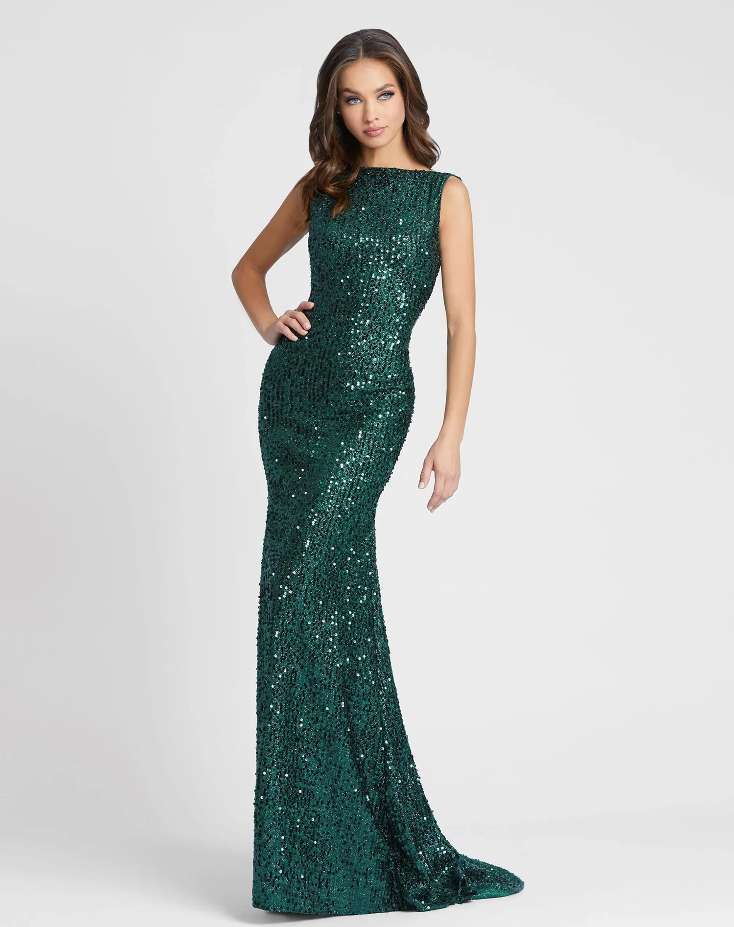Tadashi Shoji Sequin Lace Sheath Dress MD 26331 Sequined Boat Neck Cowl  Back Evening Gown In Emerald Green  La Jolie MLN